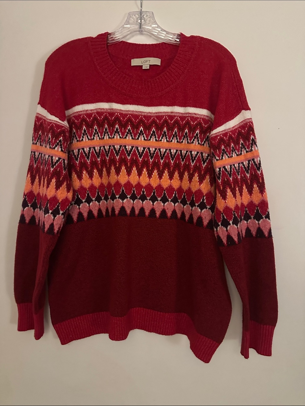 LOFT Red Multicolor Fair Isle Scoop Neck Sweater